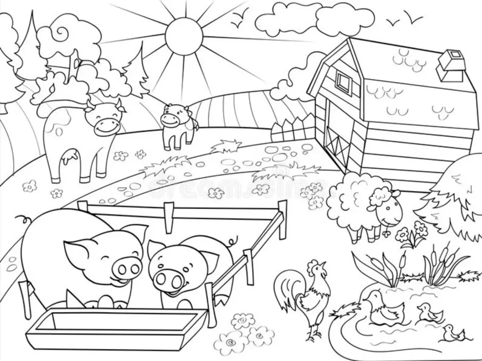 Раскраска деревенский дворик для детей