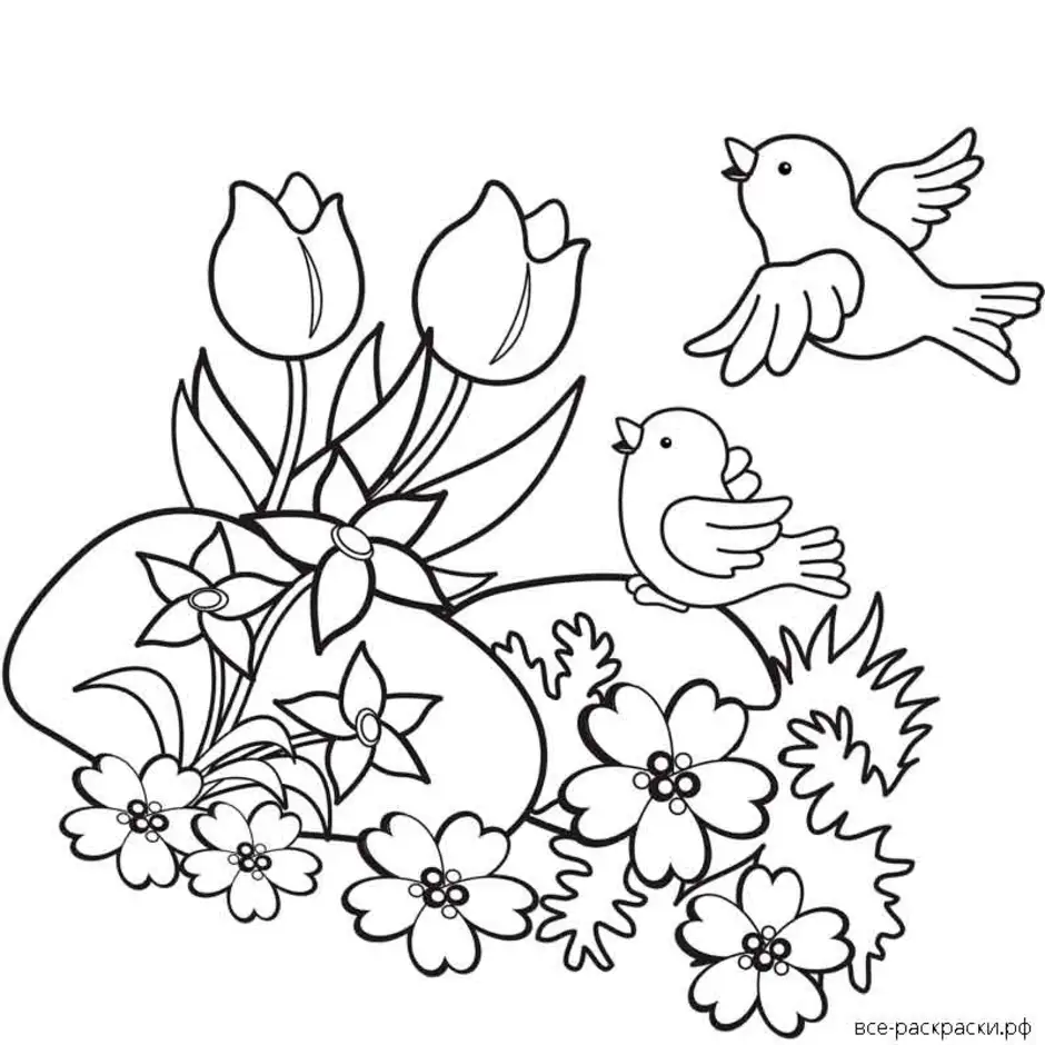 Распечатать раскраски про весну. Весенние раскраски для детей. Раскраски цветы и птицы.
