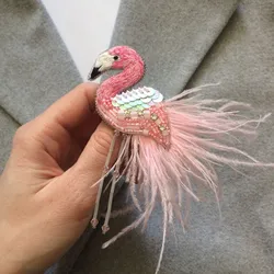 Брошь Розовый Фламинго Из Бисера