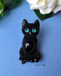 Черная Кошечка Из Бисера Брошь